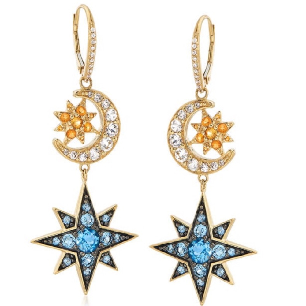 18k Gold Multi-Gemstone Celestial Star and Moon Earrings - Picture 2 of 8